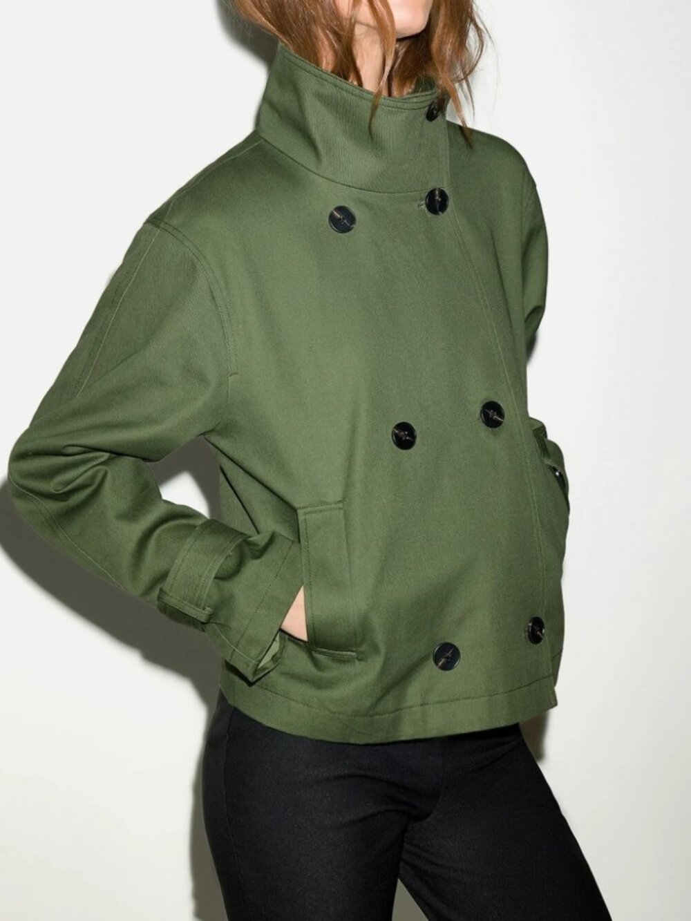 Olive Green Cropped Double-Breasted Trench Coat Jacket